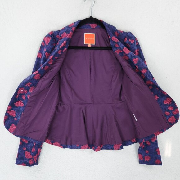 ModCloth Jacket Womens XS Purple Pink Floral Peplum Puff Shoulder Blazer Preppy - Picture 7 of 13